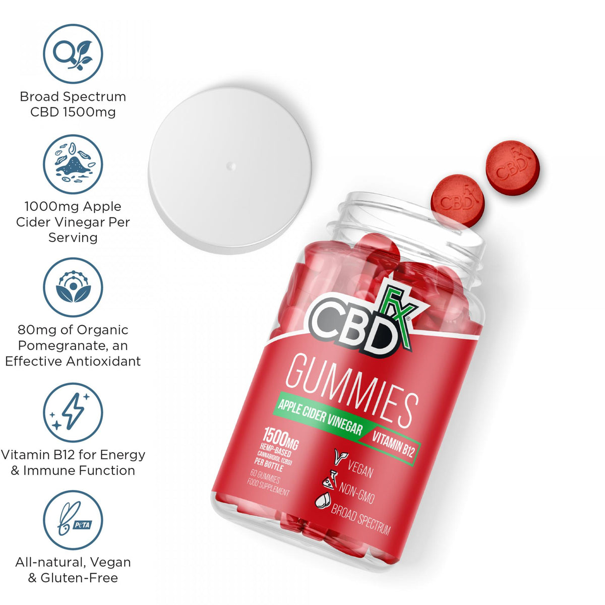 CBDfx Gummies Apple Cider Vinegar Vitamin B12 1500mg CBD 60's